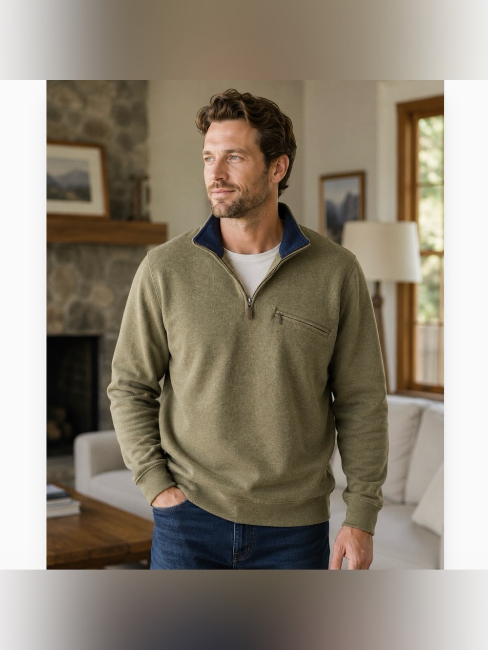 PENDLETON Mens Sweater 1/4 Zip Green Long Sleeve Pullover Zipper Pocket Size L